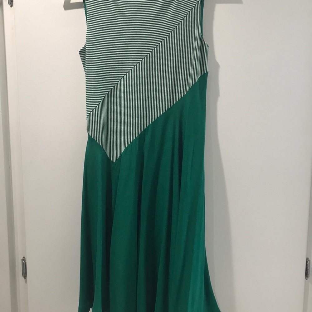 Maeve Green and White Asymmetrical Stripe Fit-and-Flare Dress